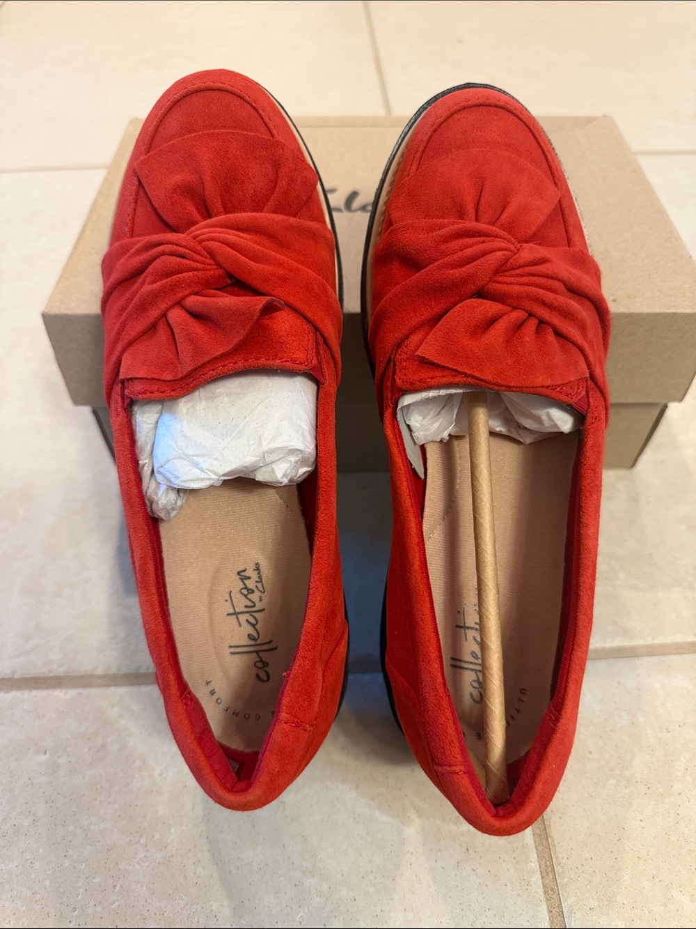 Clarks Red Suede Twist-Knot Loafers